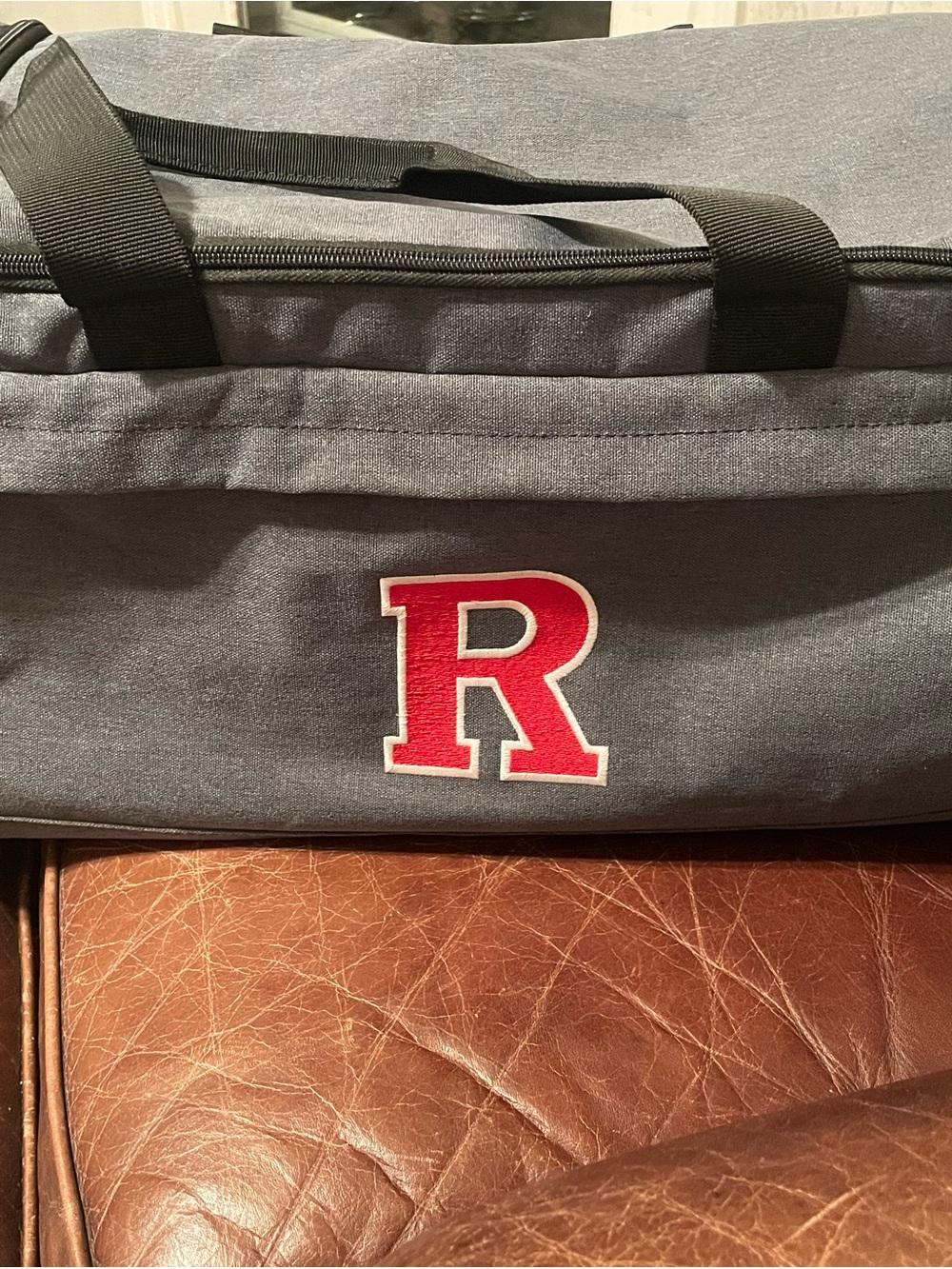 Gray Men's Duffel Bag with Red Letter Accent